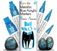 Funcils 5 Metallic Acrylic Paint Pen - Extra Fine Tip, Thin & Jumbo (1mm, 3mm, 6mm, 10mm, 15mm) - Permanent Blue Markers for Metal, Fabric, Plastic, Canvas, Wood, Rock, Glass