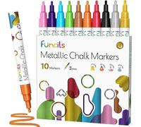 Funcils Metallic Liquid Chalk Pens for Chalkboard Signs, Blackboard, Window, Labels, Bistro, Glass, Car (10 Pack, 3mm) - Wet Wipe Erasable Ink Chalk Board Markers, Reversible Tip Liquid Chalk Markers
