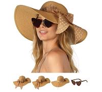 Funcredible Wide Brim Sun Hats for Women - Floppy Straw Hat with Heart Shape Glasses - Foldable Large Summer Hat - Big Roll Up Beach Cap - UPF 50+ (Khaki)