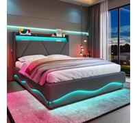 Functional Bed with Additional Under-Bed Storage, Bed Frame with Wavy LED Side Lighting and USB Ports, 143L x 211W x 115.5H cm, Dark Gray Aosom UK