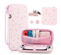 FUNDIARY Cute Carrying Case for Nintendo Switch and Switch OLED, Hard Portable Travel Case for Switch and Switch OLED, Case Accessories Bundle with Game Case and 2 Thumb Caps - Sakura