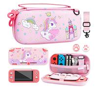 FUNDIARY Pink Carrying Case for Nintendo Switch Lite Accessories, Travel Case Bundle for Switch Lite with Soft TPU Protective Cover, Screen Protector and 2 Thumb Caps,Unicorn