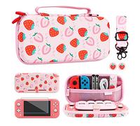 FUNDIARY Pink Carrying Case for Nintendo Switch Lite Accessories, Travel Case Bundle for Switch Lite with Soft TPU Cover, Adjustable Shoulder Strap, Screen Protector and 2 Thumb Caps - Strawberry