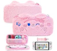 FUNDIARY Pink Travel Carrying Case for Nintendo Switch and Switch OLED, Cute Anime Bunny Accessories Bundle for Switch Console & Joycon with Slim Portable Storage Bag, Shoulder Strap and 2 Thumb Caps