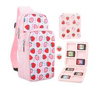 FUNDIARY Travel Bag for Nintendo Switch, OLED & Lite Carrying Case, Portable Shoulder Bag Set for Switch, Crossbody Backpack Accessories Bundle with Game Case and 2 Thumb Caps - Pink Strawberry