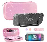 FUNDIARY Travel Carrying Case for Switch 2 with Pink Glitter Design, Shockproof Accessories with Slim Portable Storage Bag, Hard PC Dockable Cover, Screen Protector, Shoulder Strap & 2 Cute Thumb Caps