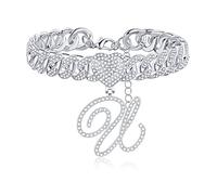FUNEIA Cursive Initial Pendant Ankle Bracelets for Women, Adjustable Silver Cuban Link Chain Anklets, Miami Heart Shape Bling Diamond Iced Out Chain, Letter A-Z Dainty Anklet, Hip Hop Foot Jewelry