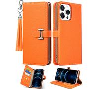 Funermei for iPhone 14 Pro Max Case Wallet for Women Leather Folio Designer Luxury Phone Cases with Credit Card Holder Stand Flip Cute Orange Cover Elegant Pretty with Tassel for Apple 14 Promax 6.7"