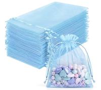 FUNFERY 100 Pcs Baby Blue Organza Bags 3x4 in, Small Mesh Drawstring Gift Bags for Sachet, Jewelry, Candy, Wedding Favor