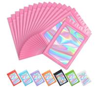 Funfery 100 pcs Pink Mylar Holographic Bags Packaging Bags,Clear Resealable Bag Foil Pouch Bag for Food Storage and Lipgloss,Jewelry,Eyelash Packaging for Small Business(6.3x9.4Inch)