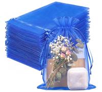FUNFERY 100 Pcs Royal Blue Organza Bags 6.5x9 in, Small Mesh Drawstring Gift Bags for Sachet, Jewelry, Candy, Wedding Favor