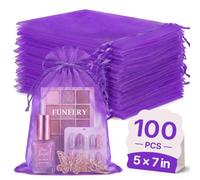 FUNFERY 100PCS Purple Organza Gift Bags,Drawstring Pouch for Jewelry, Treat