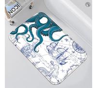 Fungarth Blue Nautical Octopus Bathroom Rugs Mat Navy Ocean Kraken Mermaid Bath Rug Water Absorbent Non Slip Shower Mat Anchor Coastal Map Memory Foam Bath Mats for Bathroom Decor 24×20In