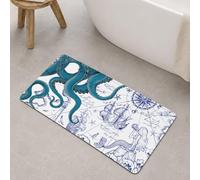 Fungarth Modern Nautical Octopus Small Bathroom Rugs Non Slip Super Absorbent Quick Dry Ultra Thin Diatomaceous Earth Bath Mat Kraken Mermaid Diatomite Bathroom Mat 24''x16'' Blue White