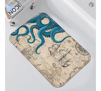 Fungarth Vintage Nautical Octopus Bathroom Rugs Mat Navy Blue Ocean Kraken Mermaid Bath Rug Water Absorbent Non Slip Shower Mat Anchor Coastal Map Memory Foam Bath Mats for Bathroom Decor 32×20In