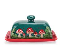 Fungi Fun Mushroom Butter Dish With Lid - Cute Cottagecore Ceramic Storage Container, Vintage French Covered Tray, Boho Farmhouse Kitchen Decor Gift, Unique Countertop Holder (Dark Green, Standard)