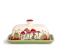 Fungi Fun Mushroom Butter Dish With Lid For Countertop Ceramic Butterdish, Red Mushroom Butter Container, Butter Tray Large Butter Dish Covered (White, Standard)