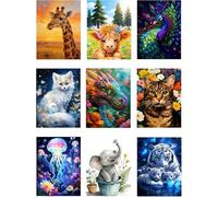 FungLam 9 Pack Diamond Painting Kits for Adults,Diamond Art Kits for Beginners,Full Drill Diamonds Gem Art for Home Wall Decor Gift 12X16 inch,5D DIY Cow Elephant Dragon Tiger Cat Animal Arts Kit