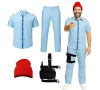 Funhoo Steve Zissou Costume Mens Aquatic Uniform Short Sleeve Shirt Blue Pants with Red Hat Leg Bag Halloween Cosplay Role Play Outfit (blue, XXL)