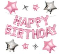 FunHot Happy Birthday Balloons Banner, Pink Happy Birthday Foil Balloon 16 Inch Foil Letter Balloons with 8 Pcs Pink Silver Star Balloon for Women Girls Party Decorations