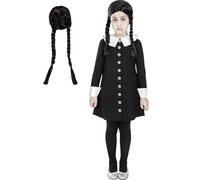Funidelia Official Wednesday Addams Costume with Wig - The Addams Family for Girls, Includes Dress and Wig - Outfit for Kids for Parties, Carnival and Halloween - Size 5-6 years