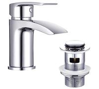 Funime Basin Taps Mixer Waterfall Bathroom Sink Tap Mixers Mono Chrome with Pop up Waste Slotted Brass Single Hole Monobloc with Hoses G1/2'' Modern Round Cloakroom Faucet with Click Clack Plug Waste