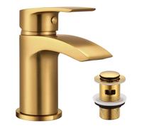 Funime Basin Taps Mixers Waterfall Gold with Slotted Pop-up Waste Bathroom Sink Mixer Tap Mono 1 Hole Single Lever Modern with G1/2'' Hoses Brushed Gold Round Cloakroom Taps Hot and Cold Water Mixer