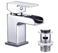 Funime Basin Taps Mixers with Pop-up Waste Slotted Waterfall Bathroom Sink Mixer Tap Square Modern Cloakroom Faucet Monobloc G1/2 Hoses Single Hole
