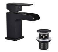 Funime Basin Mixer Taps Black Square with Slotted Pop-up Waste Waterfall Bathroom Sink Tap Brass Single Lever G1/2’’ with Hoses Semi-Open Hot and Cold Water Mixers Monobloc Modern