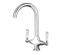 Funime Traditional Kitchen Sink Mixer Tap with Ceramic Dual Lever, Monobloc Victorian Style Kitchen Tap 1 Hole Elegant Brass Chrome Swivel Mono Retro Vintage Sink Faucet with Flexible Hoses