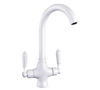 Funime Traditional Kitchen Sink Mixer Taps White Elegant Ceramic Dual Lever Kitchen Faucet Monobloc Swivel Bar Tap with Standard Hoses