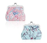 FuninCrea 2 Pcs Coin Purse for Women, Faux Leather Coin Purses with Kiss Lock, Floral Pattern Change and Coin Wallet Double Clasp Closure Mini Purse for Cash, Coin, Key (2)