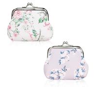 FuninCrea 2 Pcs Coin Purse for Women, Faux Leather Coin Purses with Kiss Lock, Floral Pattern Change and Coin Wallet Double Clasp Closure Mini Purse for Cash, Coin, Key
