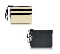 FuninCrea 2 PCS Small Coin Purse with 3 Zipped Pockets and Key Ring for Women, Canvas Small Wallet Mini Change Purse Portable Card Holder Keychain Wallet Coin Pouch for Card Coin Key (Black+Beige)