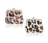 FuninCrea 2pcs Coin Purse, Plush Small Coin Purse Portable Coin Pouch with Leopard Pattern for Women and Girls, Kiss Lock Coin Wallet Change Pouch for Store Coin Cards Keys Cash (Pink+Beige)