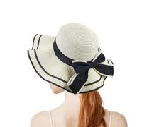 FuninCrea Ladies Sun Hat Wide Brim Straw Hat UPF 50+ Floppy Foldable Summer Hats UV Protection with Elastic Rope and Sweat Band, Beach Hats with Bow for Outdoor (Straw, White)