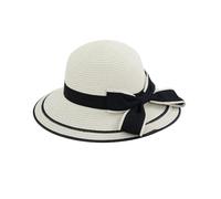 FuninCrea Ladies Sun Hat Wide Brim Straw Hat UPF 50+ Floppy Foldable Summer Hats UV Protection with Elastic Rope and Sweat Band, Beach Hats with Bow for Outdoor (Straw-2, White)