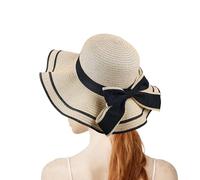 FuninCrea Ladies Sun Hat Wide Brim Straw Hat UPF 50+ Floppy Foldable Summer Hats UV Protection with Elastic Rope and Sweat Band, Beach Hats with Bow for Outdoor (Straw, Khaki)
