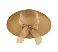 FuninCrea Ladies Sun Hat Wide Brim Straw Hat UPF 50+ Floppy Foldable Summer Hats UV Protection with Elastic Rope and Sweat Band, Beach Hats with Bow for Outdoor (Straw-3, Brown)
