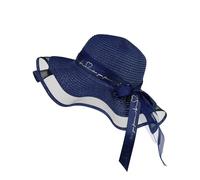 FuninCrea Ladies Sun Hat Wide Brim Straw Hat UPF 50+ Floppy Foldable Summer Hats UV Protection with Elastic Rope and Sweat Band, Beach Hats with Bow for Outdoor (Straw, Blue)