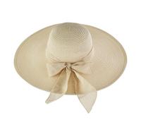 FuninCrea Ladies Sun Hat Wide Brim Straw Hat UPF 50+ Floppy Foldable Summer Hats UV Protection with Elastic Rope and Sweat Band, Beach Hats with Bow for Outdoor (Straw-3, Beige)