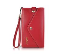 FuninCrea Long Wallet for Woman with Wrist Strap for Cell Phone, Envelope-Shaped Womens Wristlet Wallets Faux Leather Womens Wallet with Card Slots and Zipper Pocket, Red, Standard, Simple
