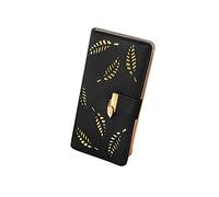 FuninCrea Long Women Wallets Hollowed Leaves Ladies Purse with 12 Credit Card Slots and ID Window, Large Womens Purse PU Leather Purses for Women with Zipper and Snap for Cards Coin Cash (Black)