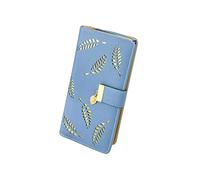 FuninCrea Long Women Wallets Hollowed Leaves Ladies Purse with 12 Credit Card Slots and ID Window, Large Womens Purse PU Leather Purses for Women with Zipper and Snap for Cards Coin Cash (Blue)