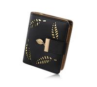FuninCrea Small Women Wallets Hollowed Leaves Ladies Purse with 4 Credit Card Slots and ID Window, Small Womens Purse PU Leather Purses for Women with Zipper and Snap for Cards Coin Cash (Black-S)