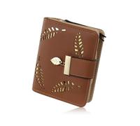 FuninCrea Small Women Wallets Hollowed Leaves Ladies Purse with 4 Credit Card Slots and ID Window, Small Womens Purse PU Leather Purses for Women with Zipper and Snap for Cards Coin Cash (Brown-S)