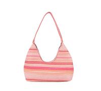 FuninCrea Straw-Textured Shoulder Bag for Women with Zipper, Multicolored Stripes Hobo Shoulder Purse PU Leather Crescent Bag Half Moon Women's Handbags for Summer (Pink)