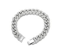 FuninCrea Titanium Steel Cuban Link Bracelet for Men Women, 13mm Retro Vintage Hip Hop Silver High Polished Cubic Zirconia Miami Chain (18 cm)
