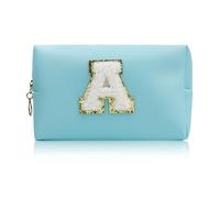 FuninCrea Travel Makeup Bag PU Leather Toiletry Bag Cosmetic Bags Waterproof Make Up Bag Portable Makeup Organiser Bag with Zipper for Storing Toiletries, Cosmetics, Makeup Tools (Blue-A)