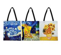FunisFun 3 Pack Canvas Tote Bag Reusable Grocery Shopping Tote Bag Large Women Shoulder Bag Handbag 3 Designs, 13 X 14 Inch, Van Gogh Painting, 13 X 14 Inch